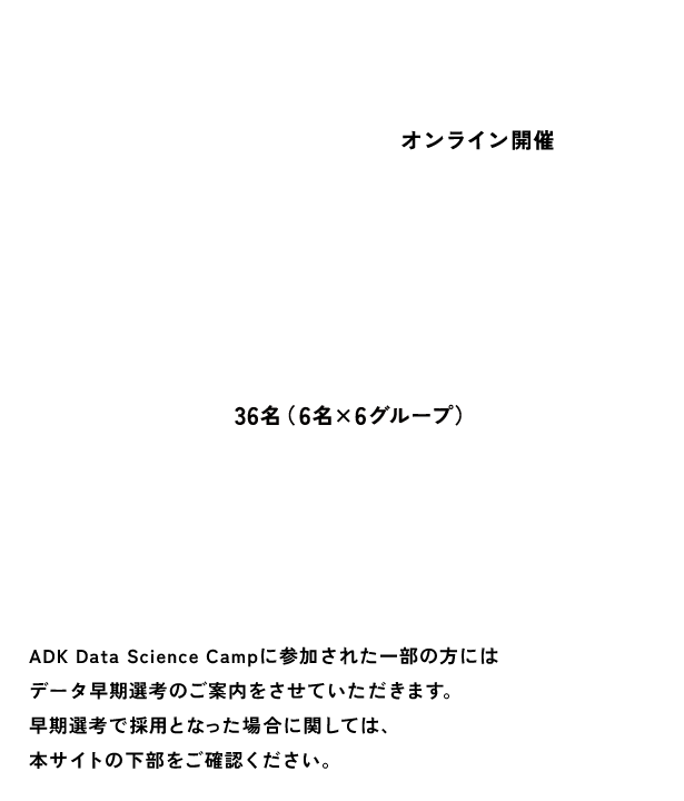 開催地 オンライン開催 参加人数 36名（6名×6グループ） 特典 Data Science Campにて通過された方にはデータ早期選考のご案内をさせていただきます。早期選考で採用となった場合に関しては、本サイトの下部をご確認ください。